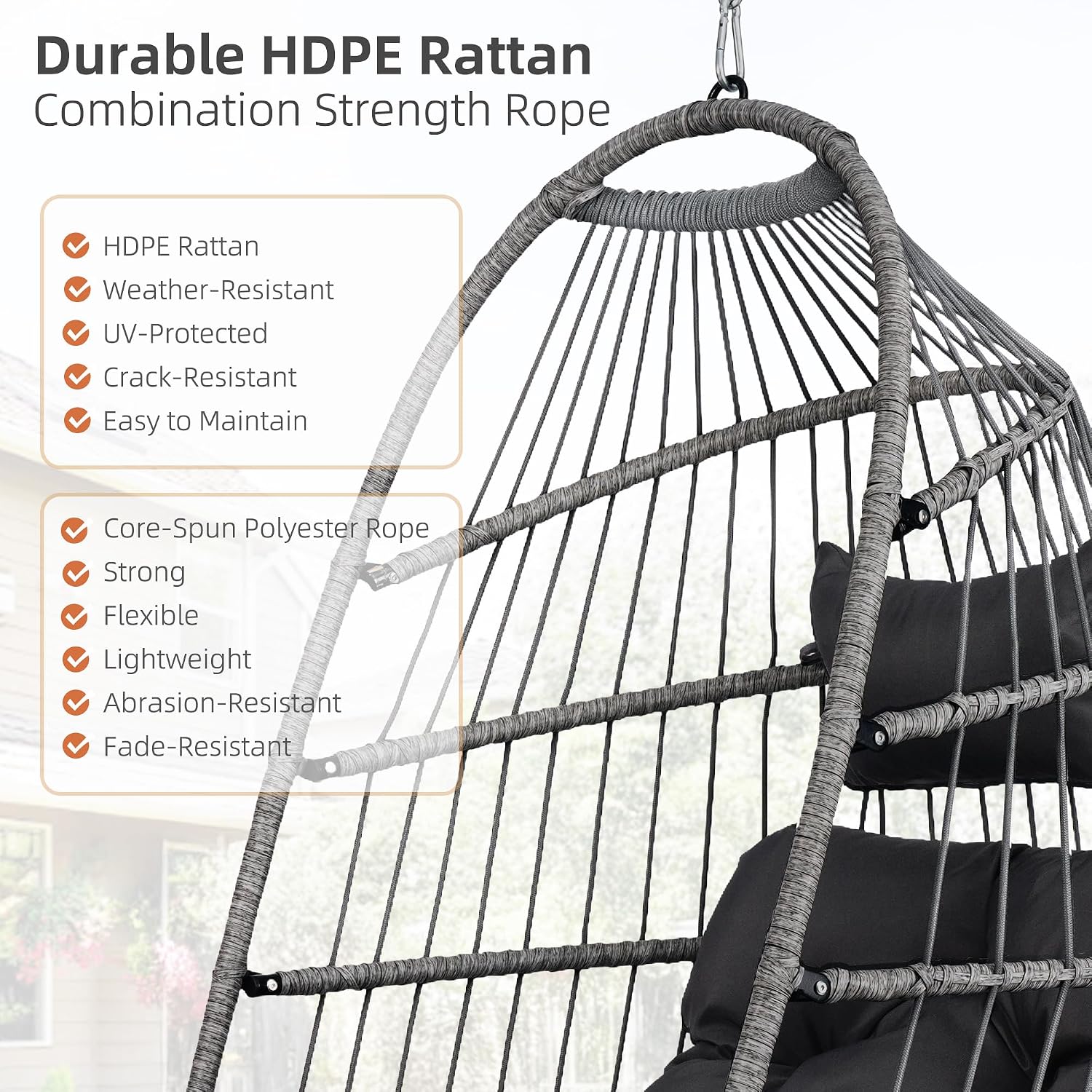 Foldable Hanging Egg Chair with Stand, HDPE Rattan and Heavy Duty Aluminum-Steel Frame, Outdoor Patio Wicker Swing Egg Chair with Headrest and Cushioned, 350 Lbs Capacity (Dark Grey)