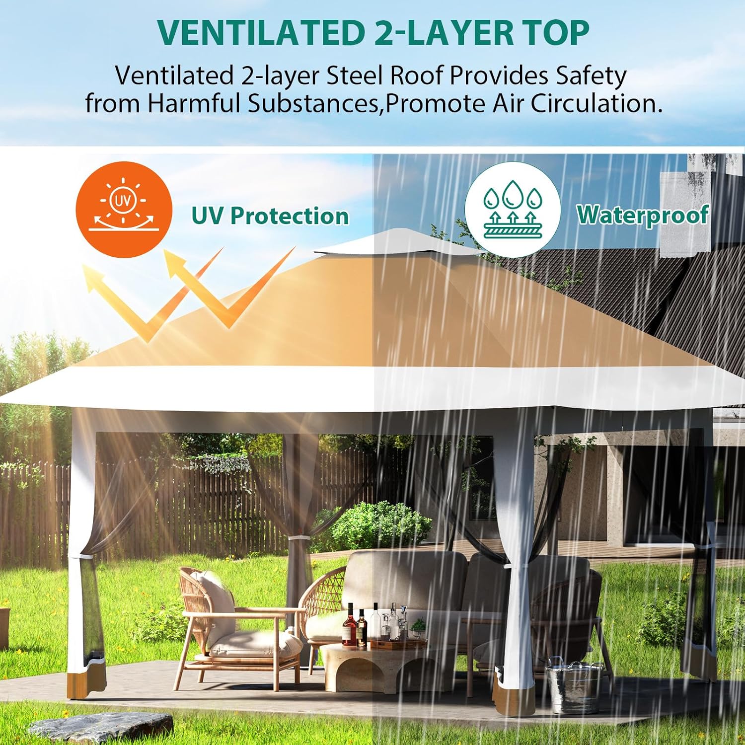 12x12 Pop Up Gazebo Outdoor Canopy Tent, Outdoor Gazebo with 4 Sandbags, Double Tiers & Mesh Netting for Lawn, Garden, Backyard & Patio Furniture Khaki