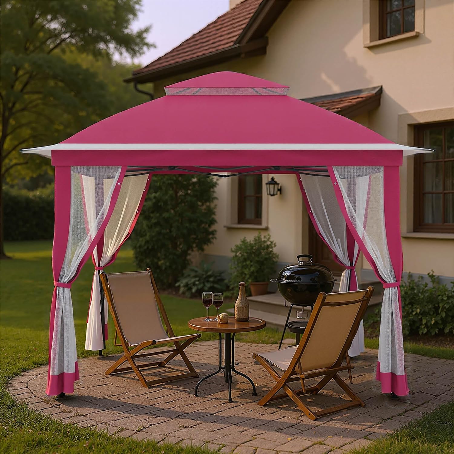 Pop Up Gazebo 11x11, Outdoor Instant Canopy Shelter Tent with Mosquito Netting Metal Frame Storage Bag for Patio Garden Backyard.(Pink)