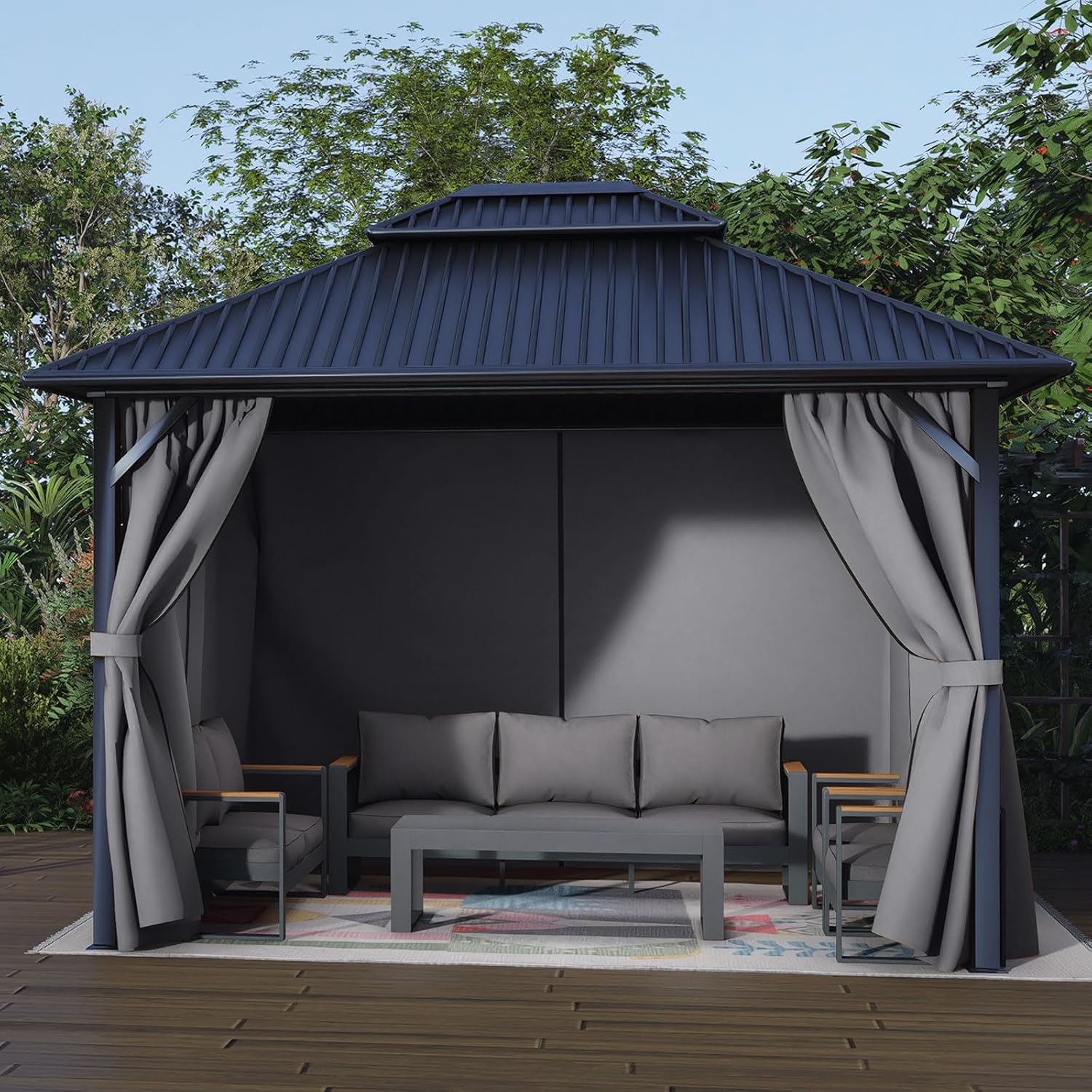 Aoodor 12x16 ft Outdoor Gazebo Curtains, 4 Panels Waterproof Privacy Sidewall Replacement with Zipper for Patio Pergola and Canopy, Gray