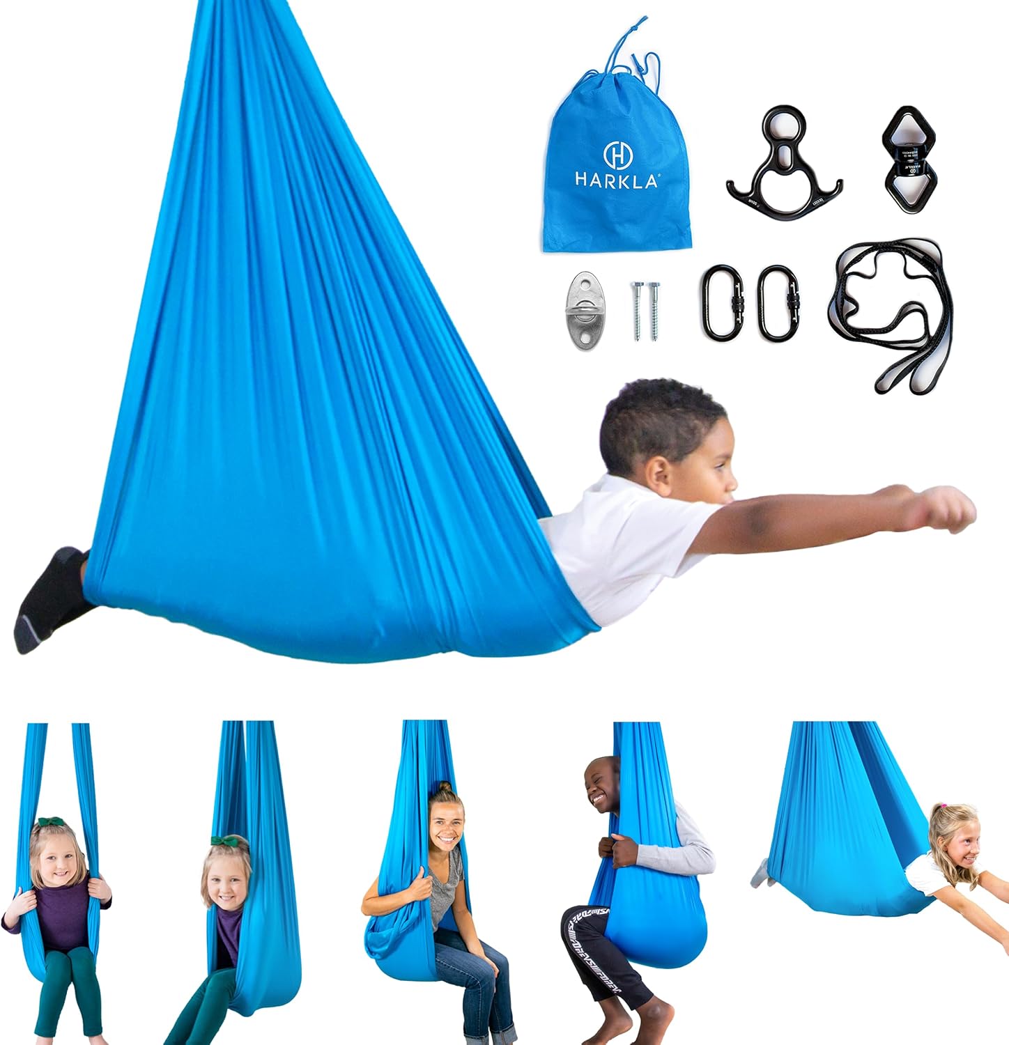 Harkla Sensory Swing for Kids & Adults - Holds 300lbs, Indoor Outdoor Sensory Swing for Hug Like Calming Effect - Durable Soft Stretch Fabric and Heavy Duty Hardware (Blue, 100' Swing + 5' Swivel)