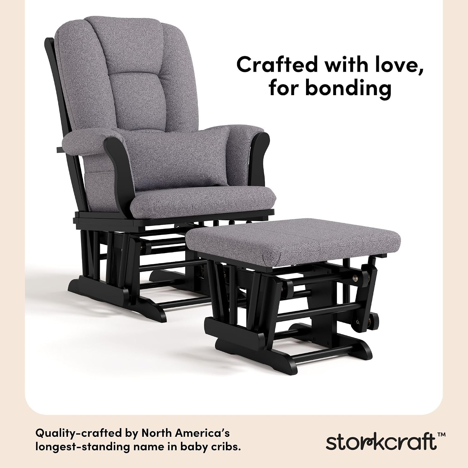 Storkcraft Tuscany Custom Glider and Ottoman with Free Lumbar Pillow (Black/Slate Gray Swirl) - Cleanable Upholstered Comfort Rocking Nursery Chair with Ottoman