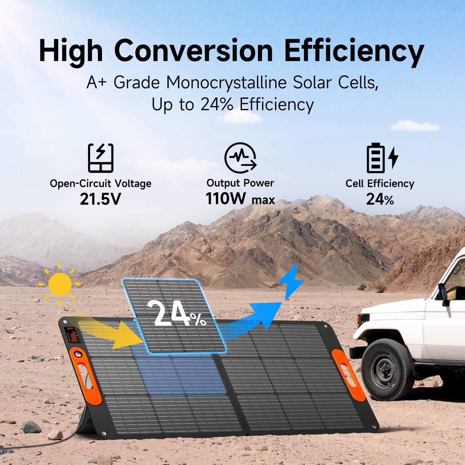 110W Portable Solar Panel for Jackery/EF/Bluetti/Anker/Goal Zero Power Station, IP68 Waterproof, 24% Efficiency, MC4 Output, ETFE Foldable Solar Charger with Adjustable Kickstand for Camping Outdoor