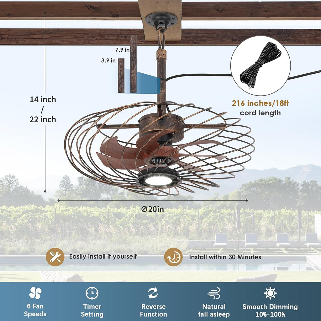 20' Outdoor Ceiling Fan with Light, Waterproof Gazebo Fan Remote Control, Dimmable LED Light, Hanging Black Caged Ceiling Fixtures with Plug in Cord for Patios Pergola, Black Gold