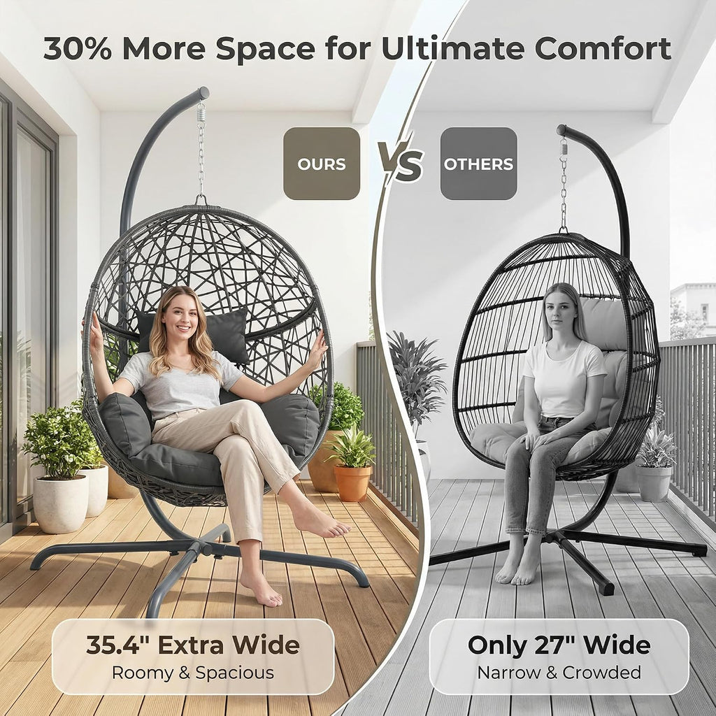 BULEXYARD Oversized Hanging Egg Chair with Stand, Indoor Outdoor Wicker Bird Cage Swing Chair, Patio Hammock Egg-Shaped Swinging Chair with Dark Grey Cushion for Garden, Bedroom, 350LBS Capacity