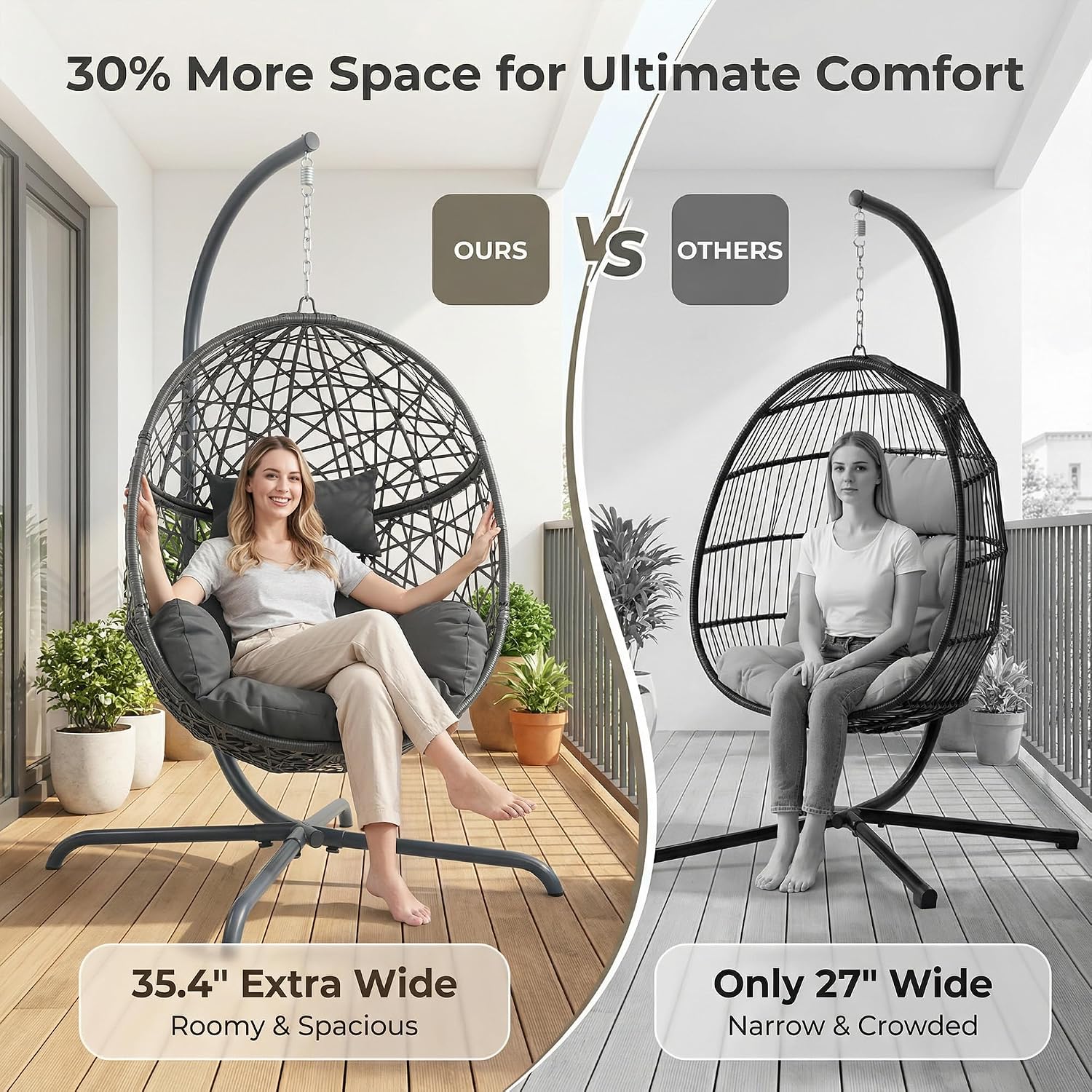 BULEXYARD Oversized Hanging Egg Chair with Stand, Indoor Outdoor Wicker Bird Cage Swing Chair, Patio Hammock Egg-Shaped Swinging Chair with Dark Grey Cushion for Garden, Bedroom, 350LBS Capacity