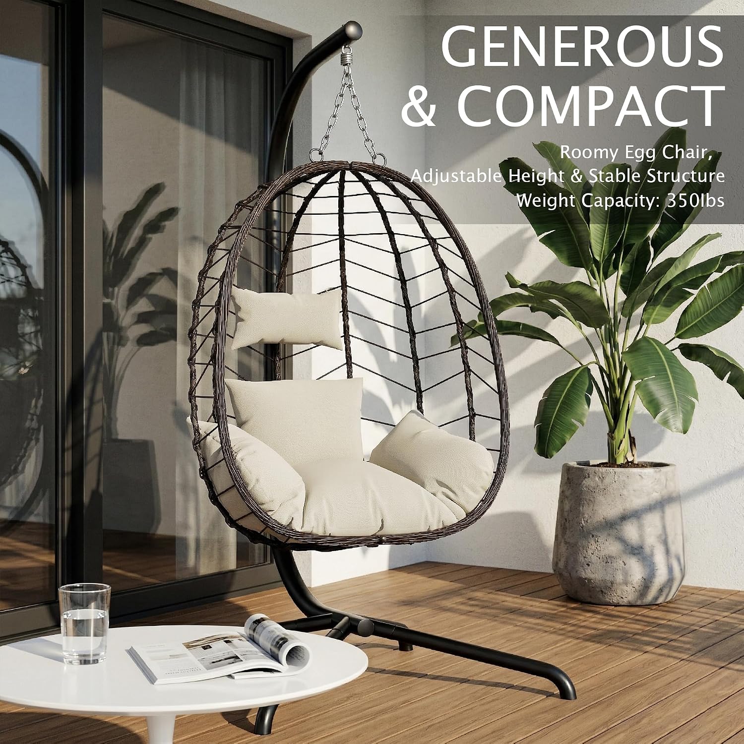 LEX CRAFT Hanging Egg Chair with Stand, Swinging Egg Chair Outdoor Indoor, Hanging Basket Chair with Cushion, Patio Wicker Hammock Chair 350lbs Capacity for Porch, Balcony, Backyard, Garden (Beige1)