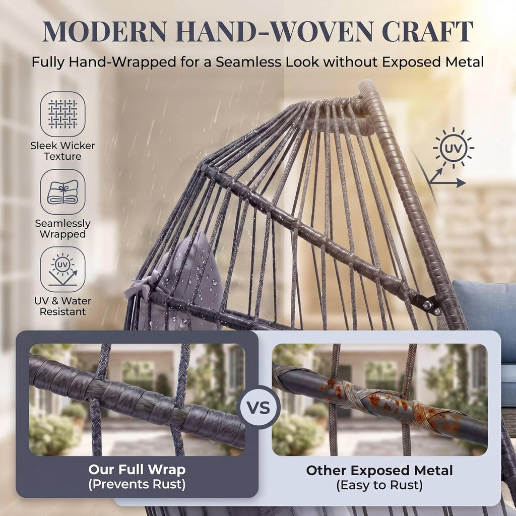 BULEXYARD Outdoor Swing Egg Chair No Stand, Folding Wicker Rattan Ceiling Hanging Patio Chairs, 350 Lbs Sturdy Hammock Basket Seat with Cozy Cushion for Backyard Pergola Living Room, Light Grey