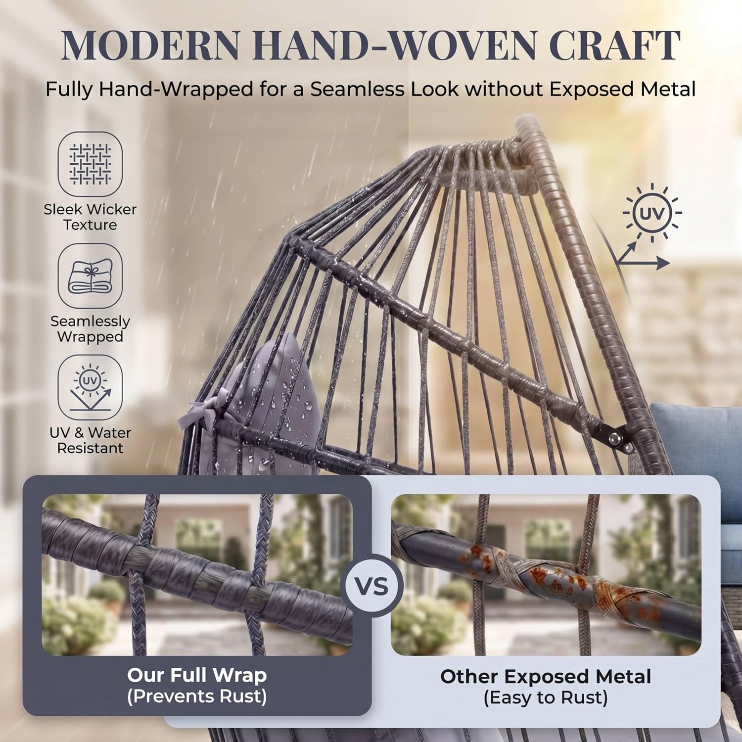 BULEXYARD Outdoor Swing Egg Chair No Stand, Folding Wicker Rattan Ceiling Hanging Patio Chairs, 350 Lbs Sturdy Hammock Basket Seat with Cozy Cushion for Backyard Pergola Living Room, Light Grey