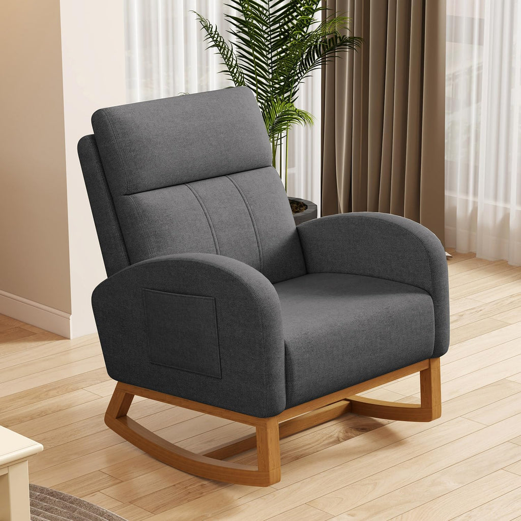 Gaussen Glider Rocking Chair Nursery Comfy Accent Chair with High Backrest Upholstered Living Room Chairs with Pocket Armchair Reading Chair for Bedroom Office (Grey)