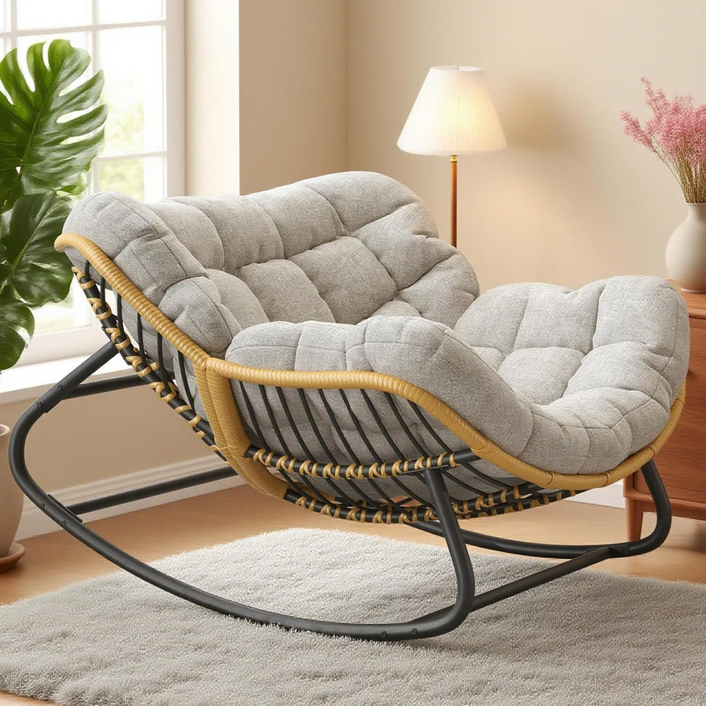 Oversized Papasan Rocking Chair with Extra Thick Cushion, Rattan Wicker Egg Chair for Indoor & Outdoor Use – Cozy Swivel Lounge Chair for Patio, Living Room, Bedroom, or Porch, Grey