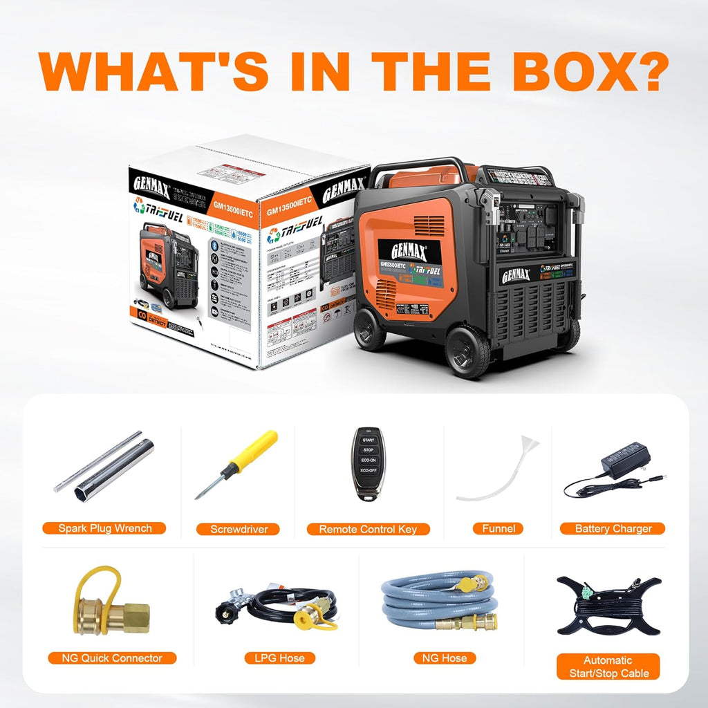 GENMAX 13500W Tri-Fuel Inverter Generator（2026 Model ）— 50A Outlet,ATS 2-Wire Auto-Start,Bluetooth&CO Sensor,550cc Quiet Engine, Built-in LED Light—CARB Compliant,Ideal for Home Backup,RV & Camping
