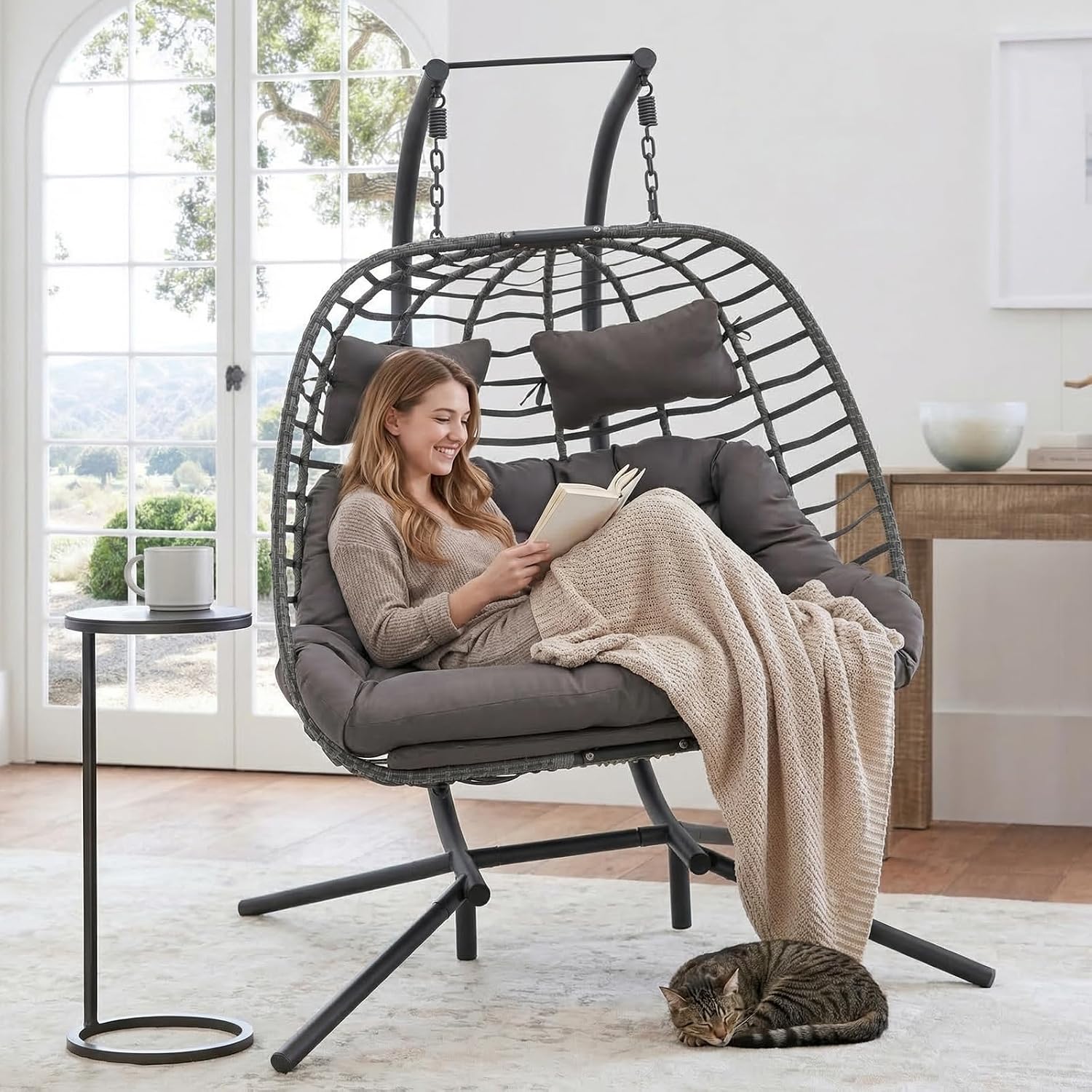 Double Egg Swing Chair with Stand for Outdoor, Patio Hand Made Rattan Wicker 2 Double Hanging Egg Chairs Hammock Chair with UV Resistant Cushion and Metal Frame, Porch Swing Loveseat for Backyard
