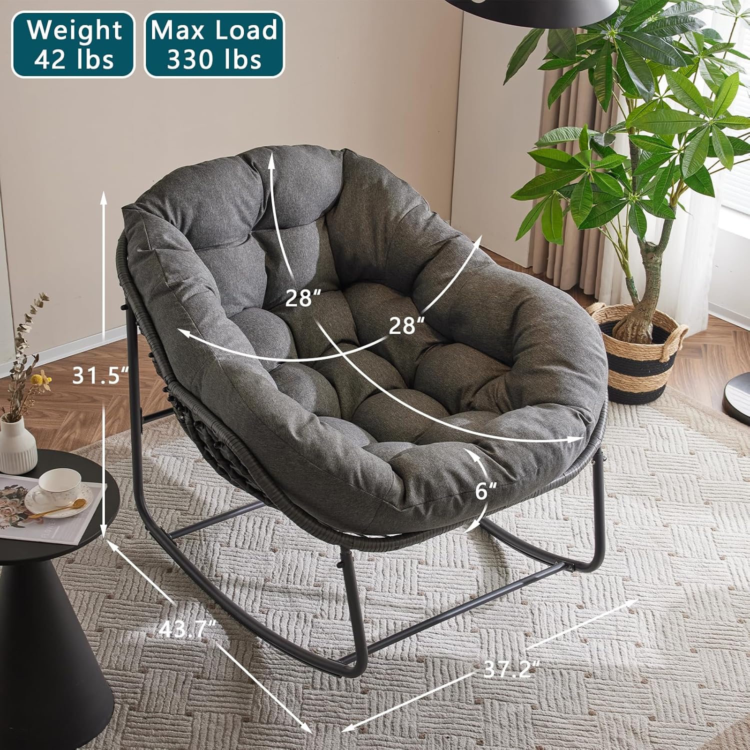 YDcosyfy Oversized Outdoor Papasan Rocking Chair Set of 2 with Soft Cushion, Comfy Patio Egg Chair, Wicker Lounge Rocker for Balcony/Porch/Garden, Reinforced All Weather Rattan Frame, Dark Grey