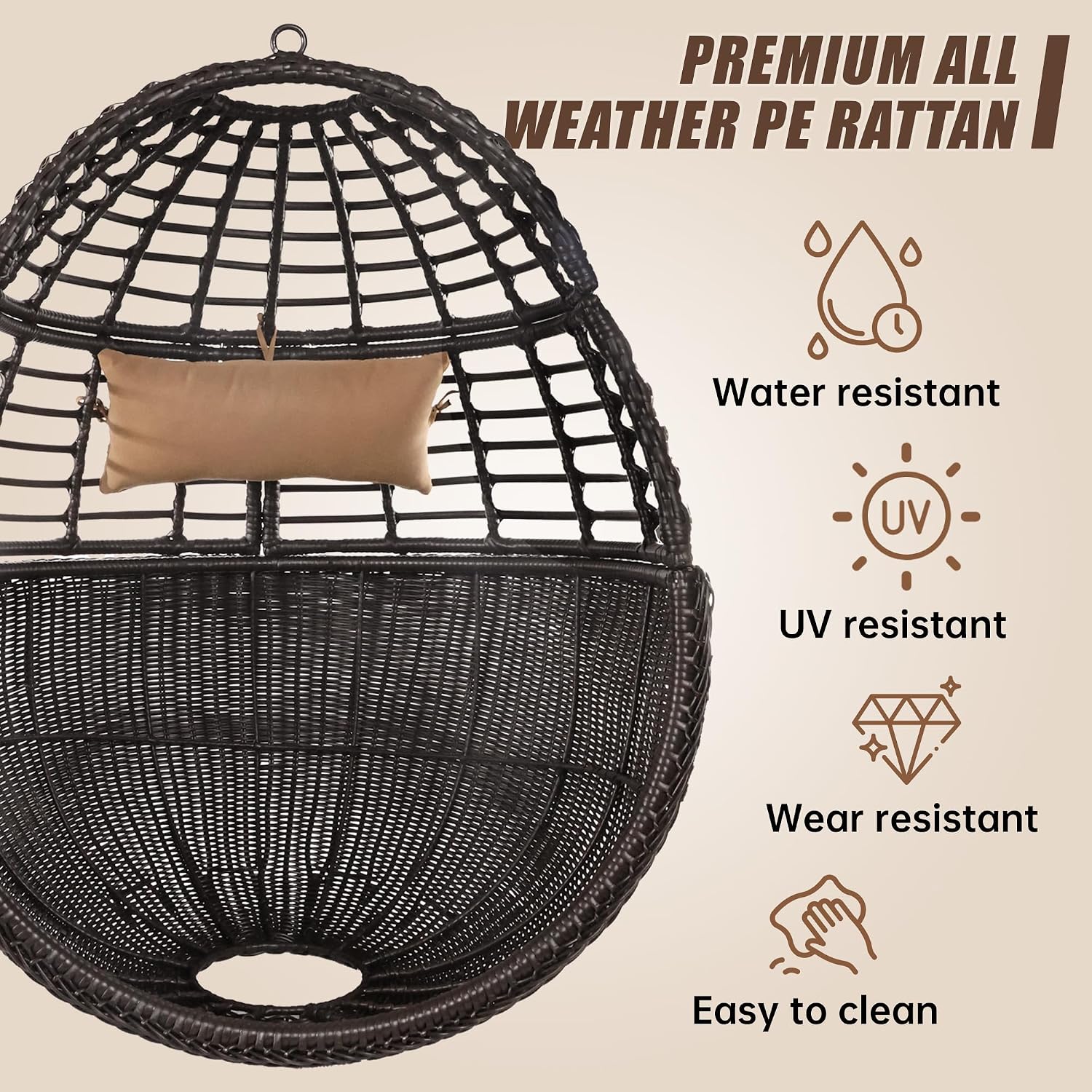 Egg Swing Hanging Chair with Stand, Outdoor Rattan Egg Hammock Chair with Cushion Pillow for Indoor Bedroom Patio Garden for 330lbs/150kg - Dark Brown