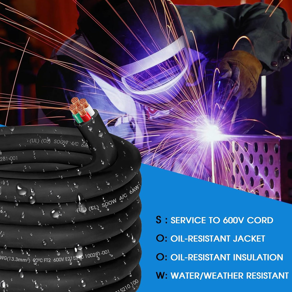25ft 6/4 6 AWG Portable Power Cable 6 Gauge 600V SOOW Electric Wire 4 Conductor OFC 6 AWG Extension Cord Cable Wire for NEMA 14-50 Generator,Welder,RV Outlet Box,EV Battery Charger,Machinery