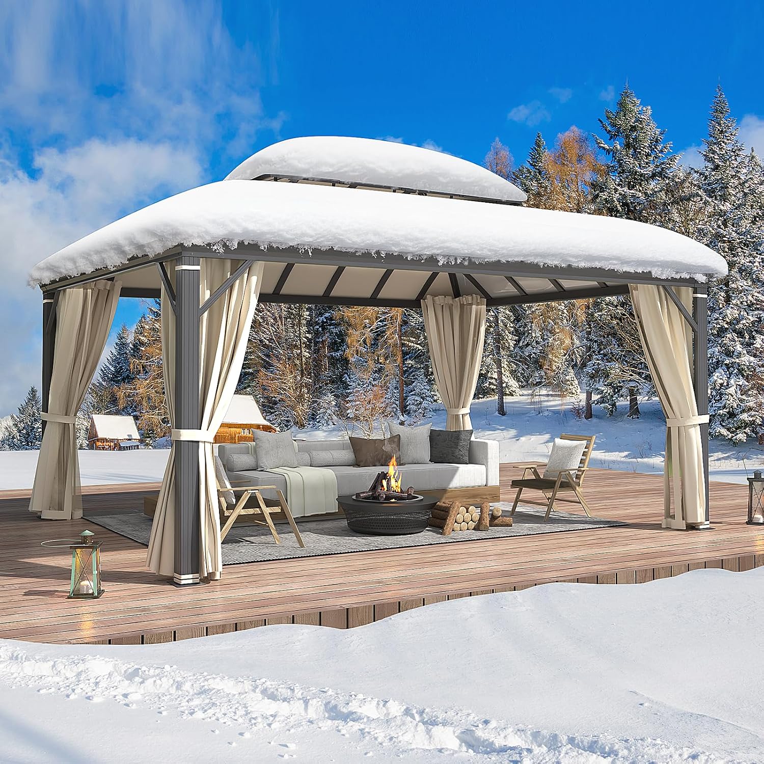 YOLENY 12'x16' Hardtop Gazebo, Permanent Outdoor Aluminum Patio Gazebo with Aluminum Composite Double Arc Roof for Patio Lawn and Garden, Curtains and Netting Included