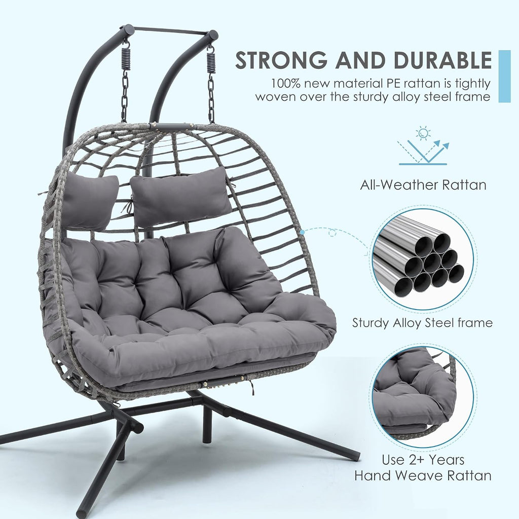 Brafab Double Egg Chair Swing with Stand, Oversized Hand-Woven Wicker Rattan 2-Person Egg Chairs for Outdoor Indoor, Hanging Egg Chair with Thick Double Cushion and Sturdy Steel Stand, Charcoal