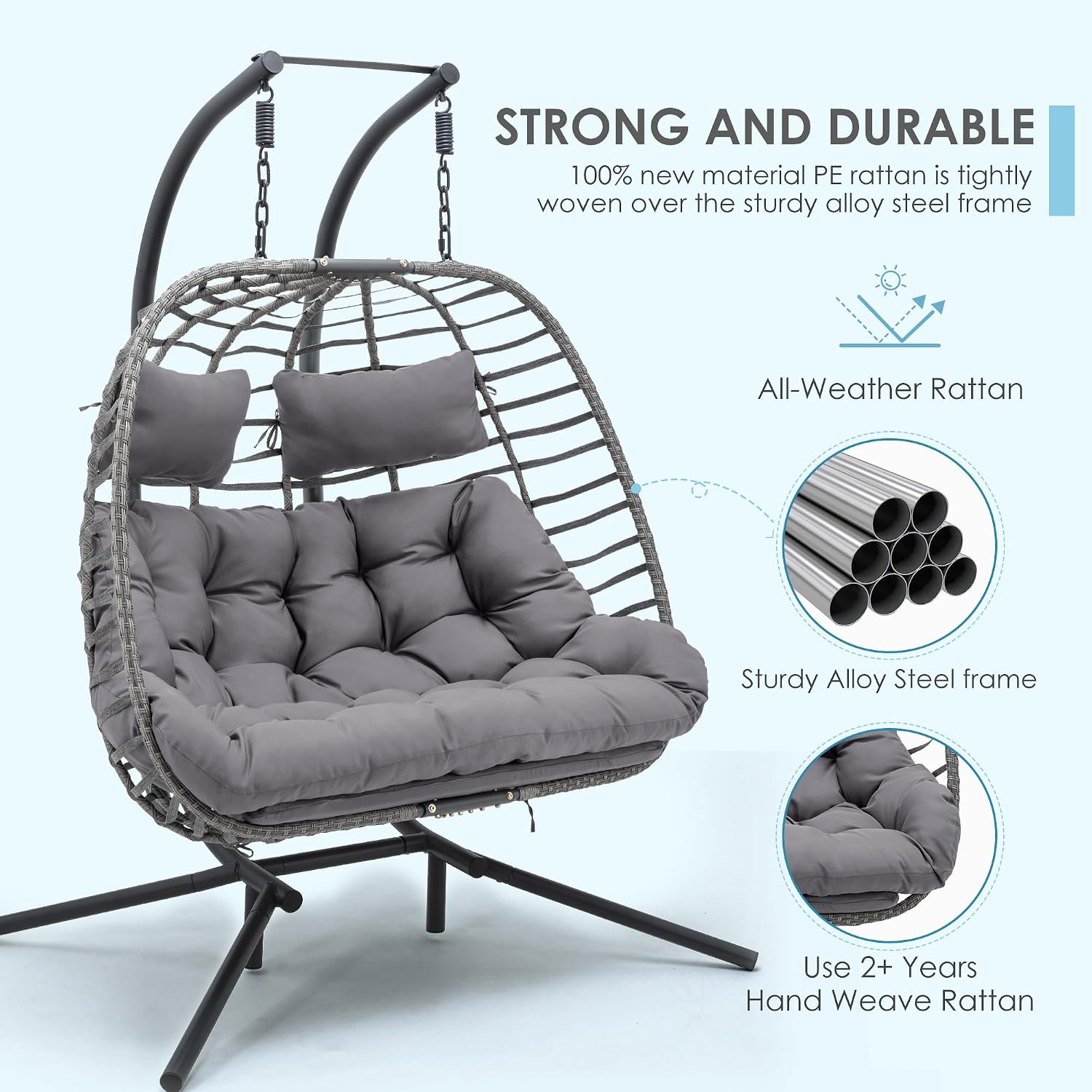 Brafab Double Egg Chair Swing with Stand, Oversized Hand-Woven Wicker Rattan 2-Person Egg Chairs for Outdoor Indoor, Hanging Egg Chair with Thick Double Cushion and Sturdy Steel Stand, Charcoal