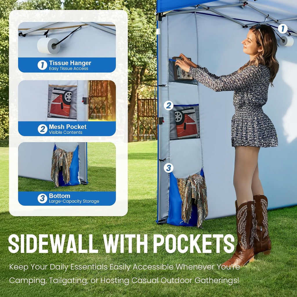 CROWN SHADES Canopy Tent, 10 x 10 Foot Portable Pop Up Outdoor Shelter with Pocket Sidewall, Push Center Lock, UV Protection, and Carry Bag, Blue