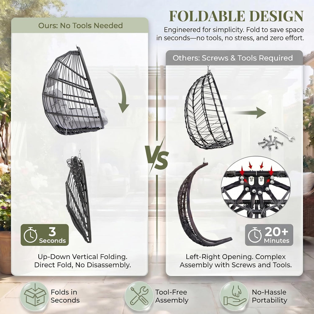 RADIATA Outdoor Hanging Egg Chair Without Stand, Foldable Rattan Wicker Swing Basket, 350 Lbs Heavy-Duty Hammock Chair with Cushion & Pillow for Patio Balcony Bedroom Garden Ceiling Tree, Light Gray