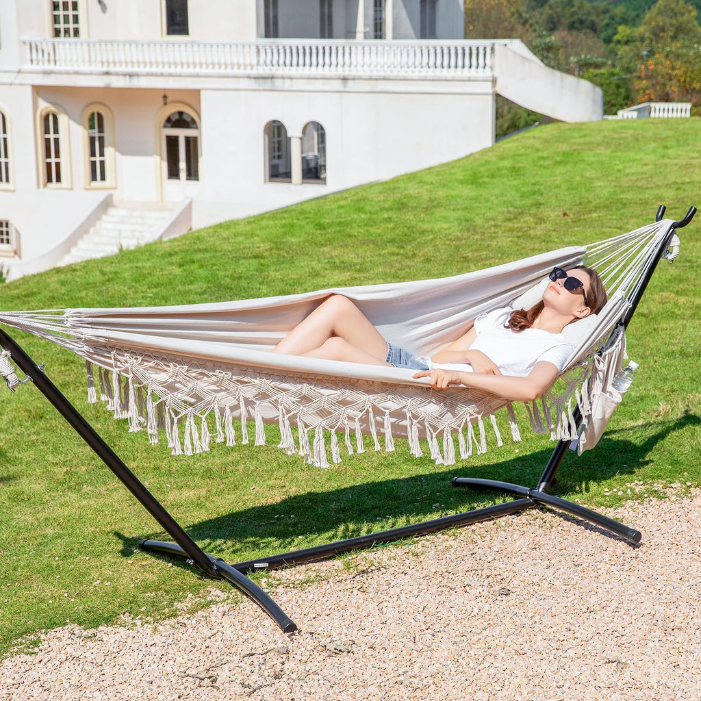 PNAEUT Handmade Tassel Hammocks, Double Hammock with Stand for Outside, Max 450 lbs Capacity, Pillow & Storage Bag Included (Beige)