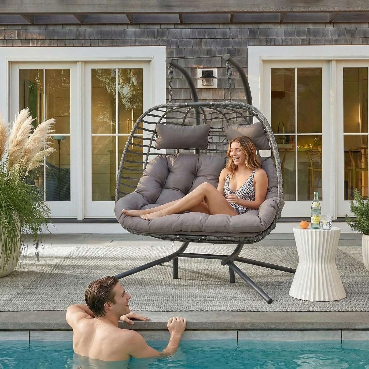 Double Egg Swing Chair with Stand for Outdoor, Patio Hand Made Rattan Wicker 2 Double Hanging Egg Chairs Hammock Chair with UV Resistant Cushion and Metal Frame, Porch Swing Loveseat for Backyard
