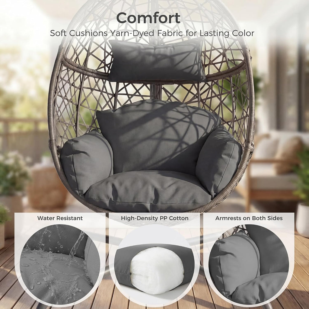 RADIATA Hanging Egg Chair with Stand, Outdoor Swing Egg Chair with Thick Cushion, Rattan Bird Cage Eggshell Basket Seat, Patio Swinging Hammock Chair for Outside Backyard, Dark Grey