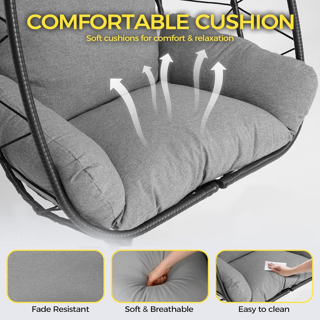 Egg Chair with Stand, Wicker Hanging Chair for Outdoor Patio, Cushioned Hammock Swing for Bedroom Garden Indoor/Outdoor, Double-Zipper Structure Hanging Egg Chair (Black and Dark Gray)