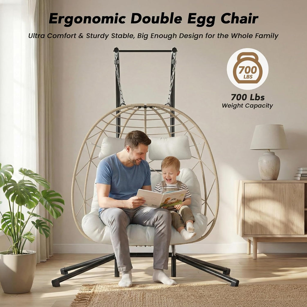 Easyego 2-Person Wicker Hanging Egg Chair with Stand- 700 lb Capacity, Indoor/Outdoor Double Egg Swing Hammock Chair for Patio, Garden, Porch, Living Room, Bedroom-Beige
