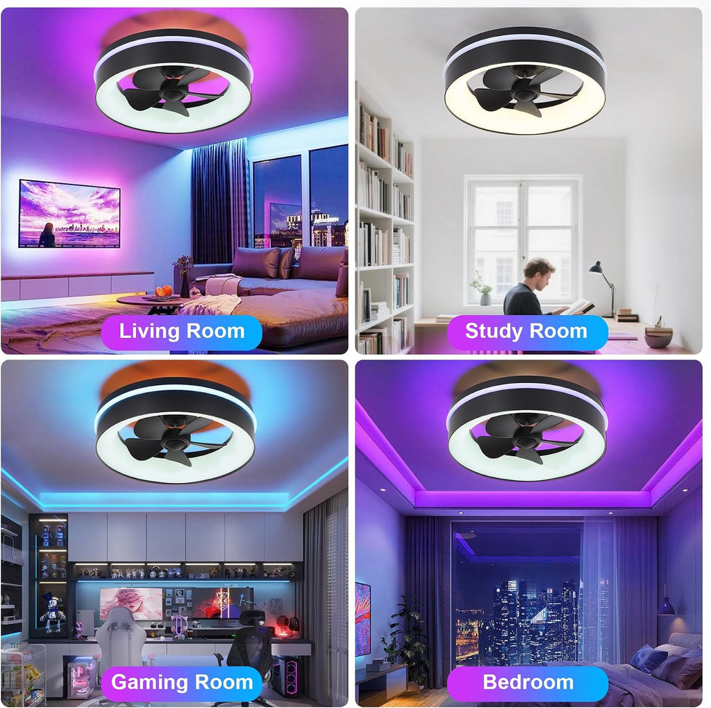 Smart Low Profle Ceiling Fans with RGB Lights Remote/APP Control, 18' Bladeless Ceiling Fans with 6 Speeds, Timer, Quiet DC Motor,for Gazabo,Game Room,Kids Bedroom,Living Room,Home Office
