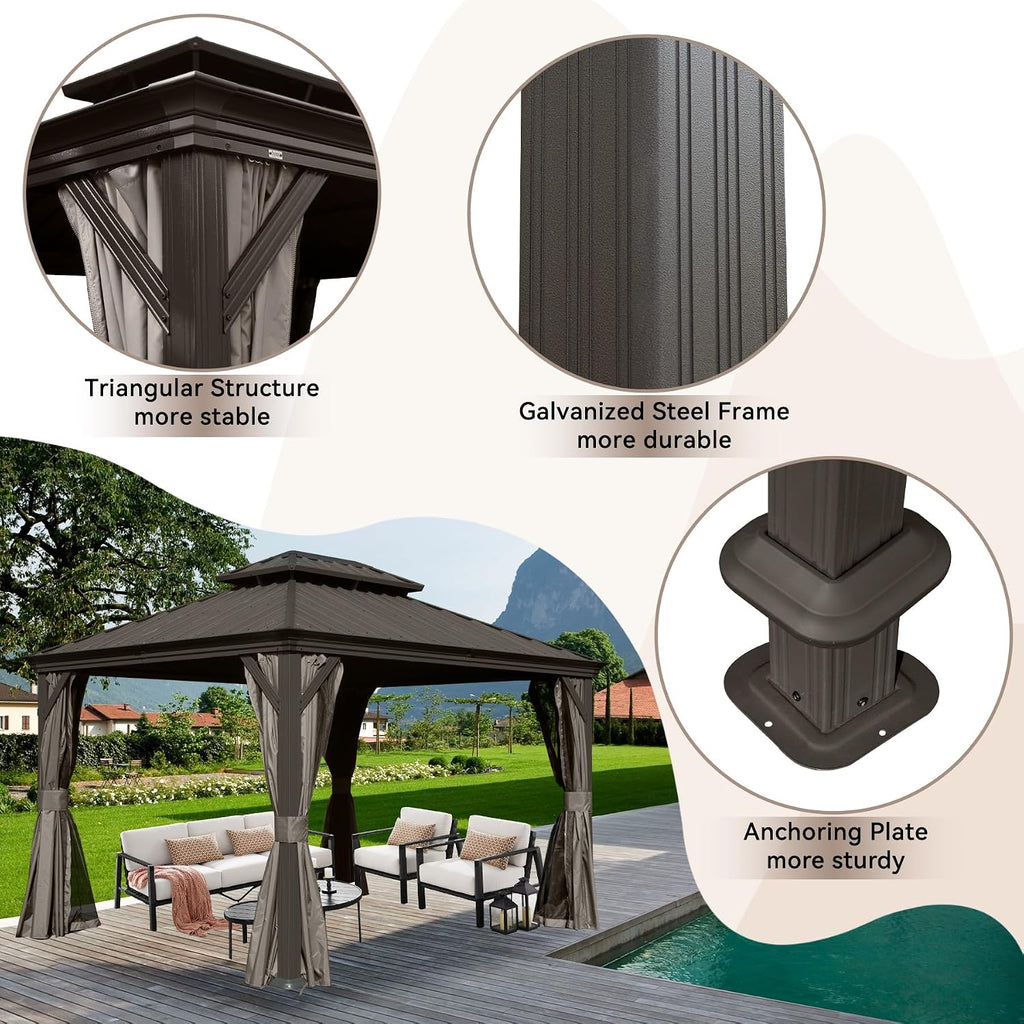 10' x 12' Outdoor Hardtop Gazebo with Gutters, Double Roof Galvanized Metal Gazebo for Backyard, Patio, Deck, Hot Tub, Heavy Duty Canopy Permanent Pavilion with Curtains and Netting, Brown