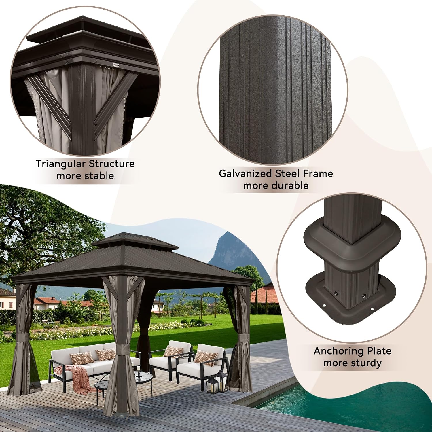 10' x 12' Outdoor Hardtop Gazebo with Gutters, Double Roof Galvanized Metal Gazebo for Backyard, Patio, Deck, Hot Tub, Heavy Duty Canopy Permanent Pavilion with Curtains and Netting, Brown