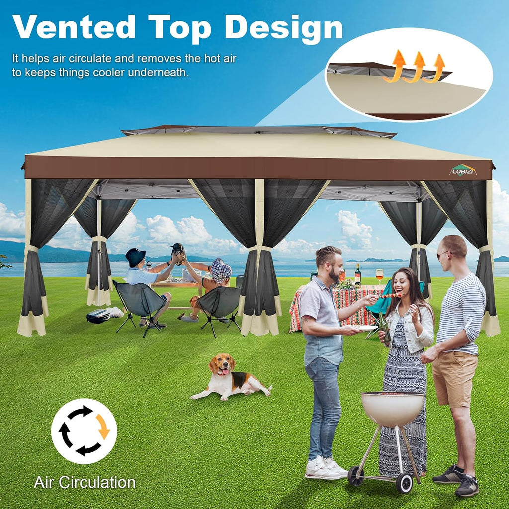 COBIZI 10x20 Pop up Gazebo, One-Push Setup Canopy Tent with Mosquito Netting & Vented Roof Design, Upgrade Metal Easy up Canopy Carpa Outdoor Gazebos for Backyard Camping Deck Party(Khaki & Brown)