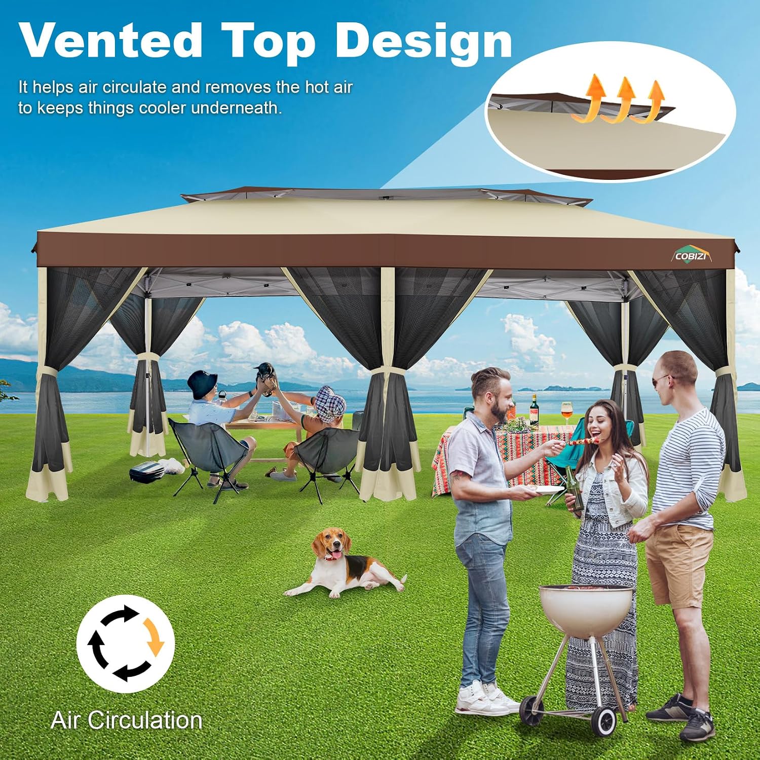 COBIZI 10x20 Pop up Gazebo, One-Push Setup Canopy Tent with Mosquito Netting & Vented Roof Design, Upgrade Metal Easy up Canopy Carpa Outdoor Gazebos for Backyard Camping Deck Party(Khaki & Brown)