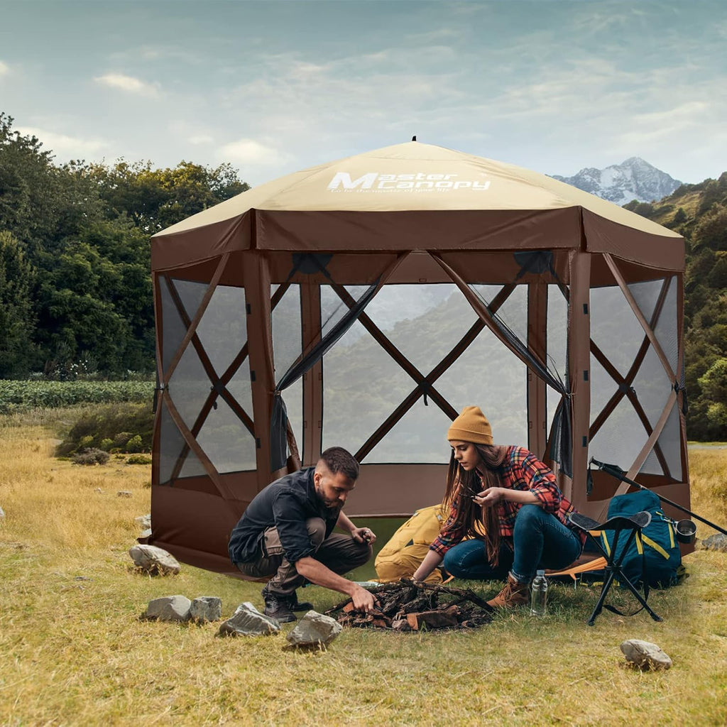 MASTERCANOPY 10x10 Portable Screen House Room Pop up Gazebo Outdoor Camping Tent with Carry Bag (10x10,Beige&Coffee)