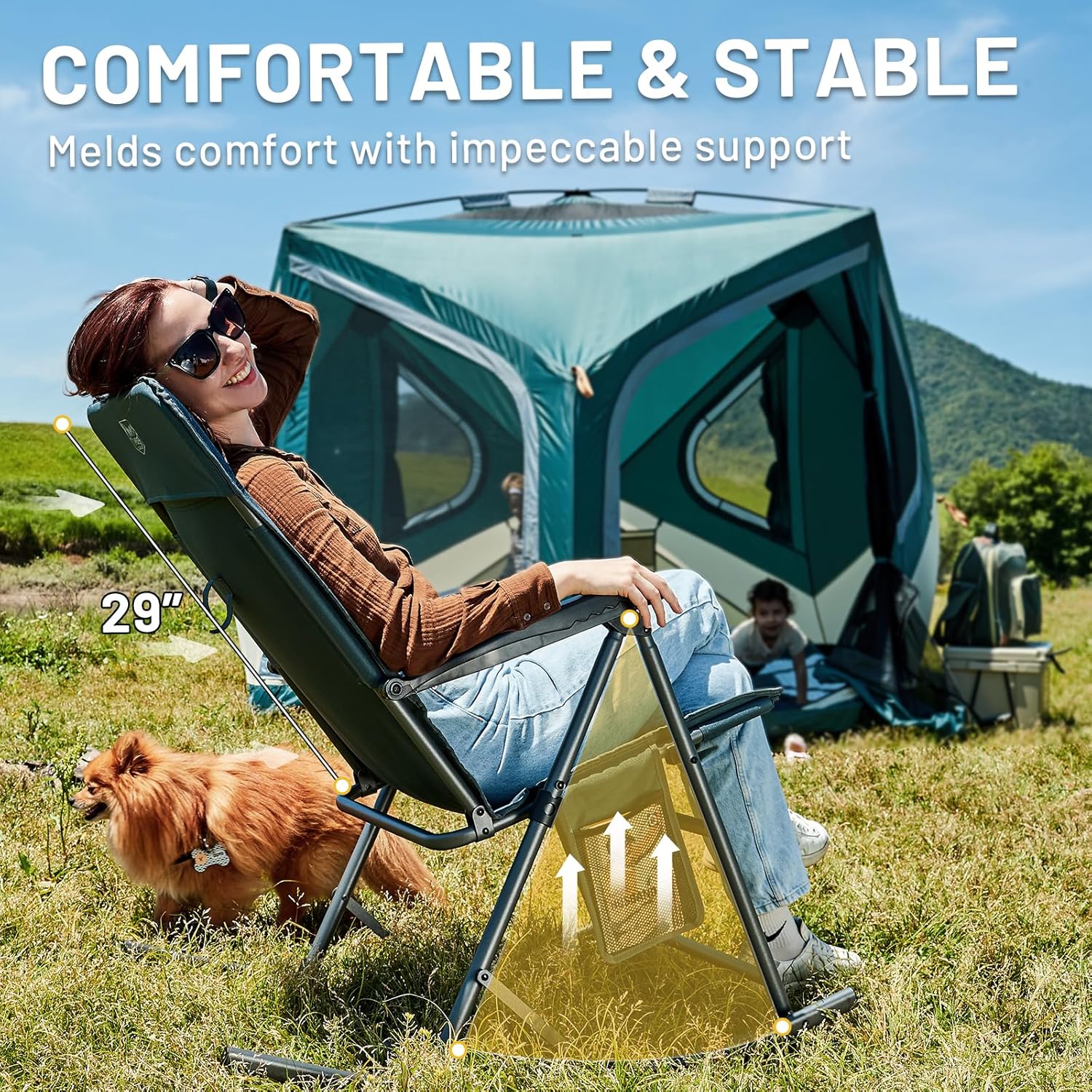 Timber Ridge 3-Level Adjustable Rocking Camping Chair, Ergonomic Padded High Back, Supports 300 LBS, Stable Anti-Tip Rocker, Hard Armrests for Easy Standing, Portable for Patio, Lawn & Tailgating