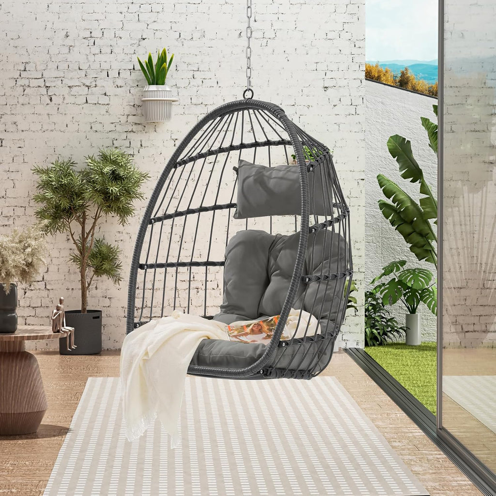 Egg Swing Chair with UV Resistant & Strong Frame, Wicker Rattan Egg Chair with Stand, 360 lbs Capacity Hanging Chair for Indoor & Outdoor Use, Patio Balcony Garden Bedroom, Dark Gray