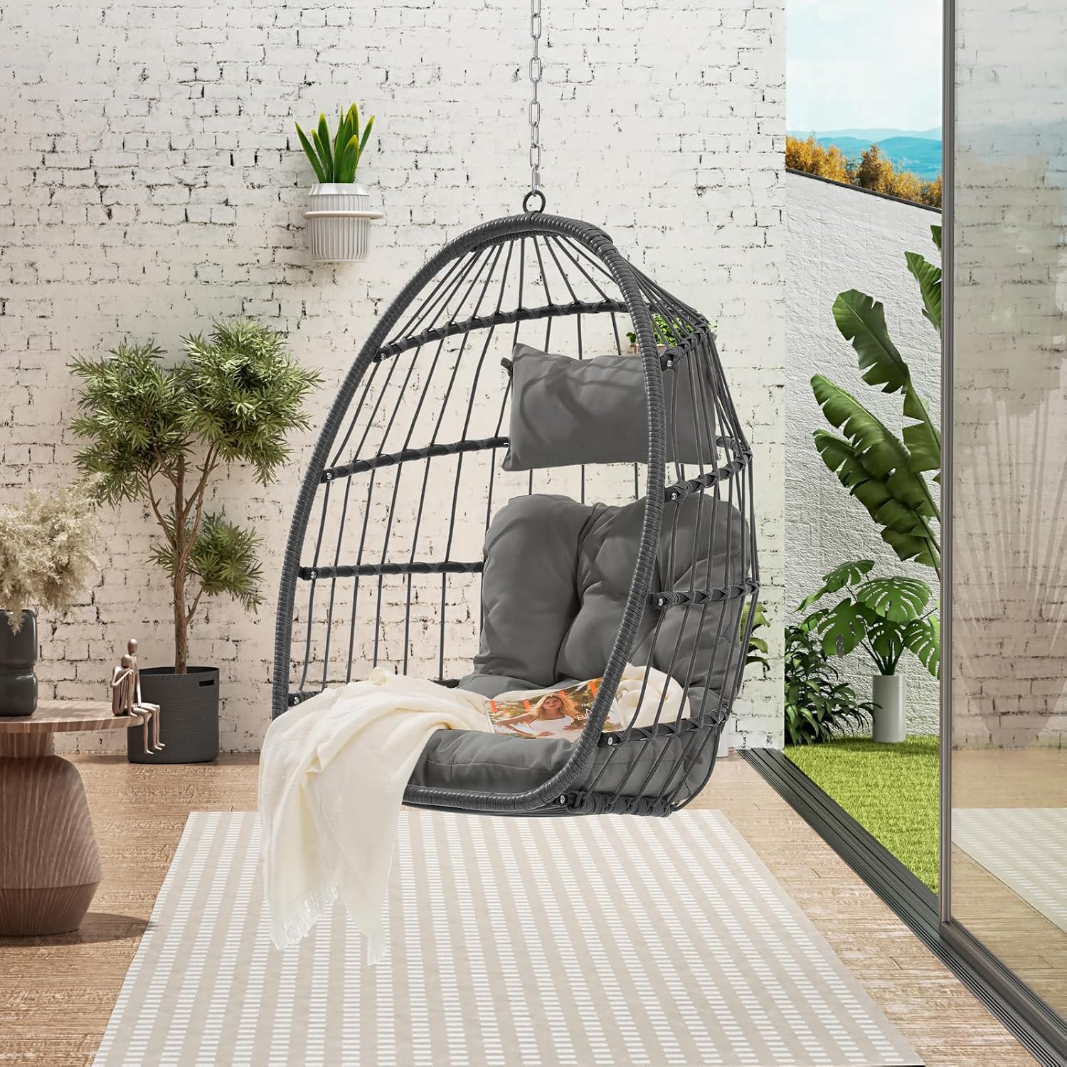 Egg Swing Chair with UV Resistant & Strong Frame, Wicker Rattan Egg Chair with Stand, 360 lbs Capacity Hanging Chair for Indoor & Outdoor Use, Patio Balcony Garden Bedroom, Dark Gray