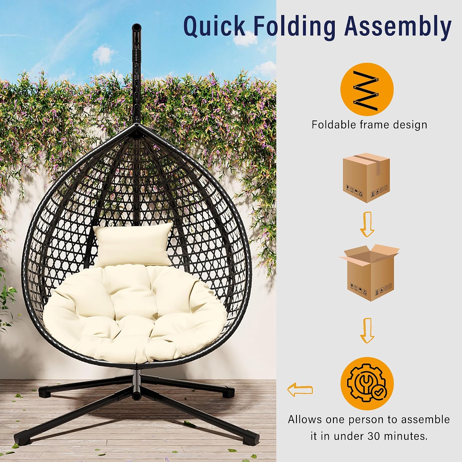 Indoor Outdoor Hammock Chair with Stand, Rattan Egg Hanging Swing Chair with Cushion for Balcony Bedroom Garden (Black+Beige)