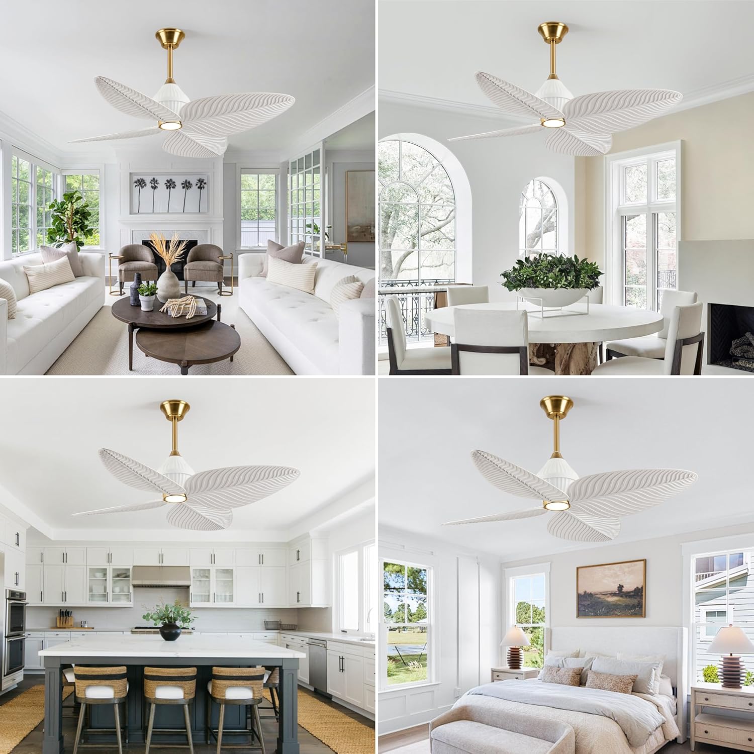 52' Tropical Ceiling Fans with Lights, Indoor Palm Leaf Ceiling Fan with Light and Remote for Living Room Bedroom, ABS Blades, Dimmable LED Lights, 6 Speeds, Adjustable Height-White Gold