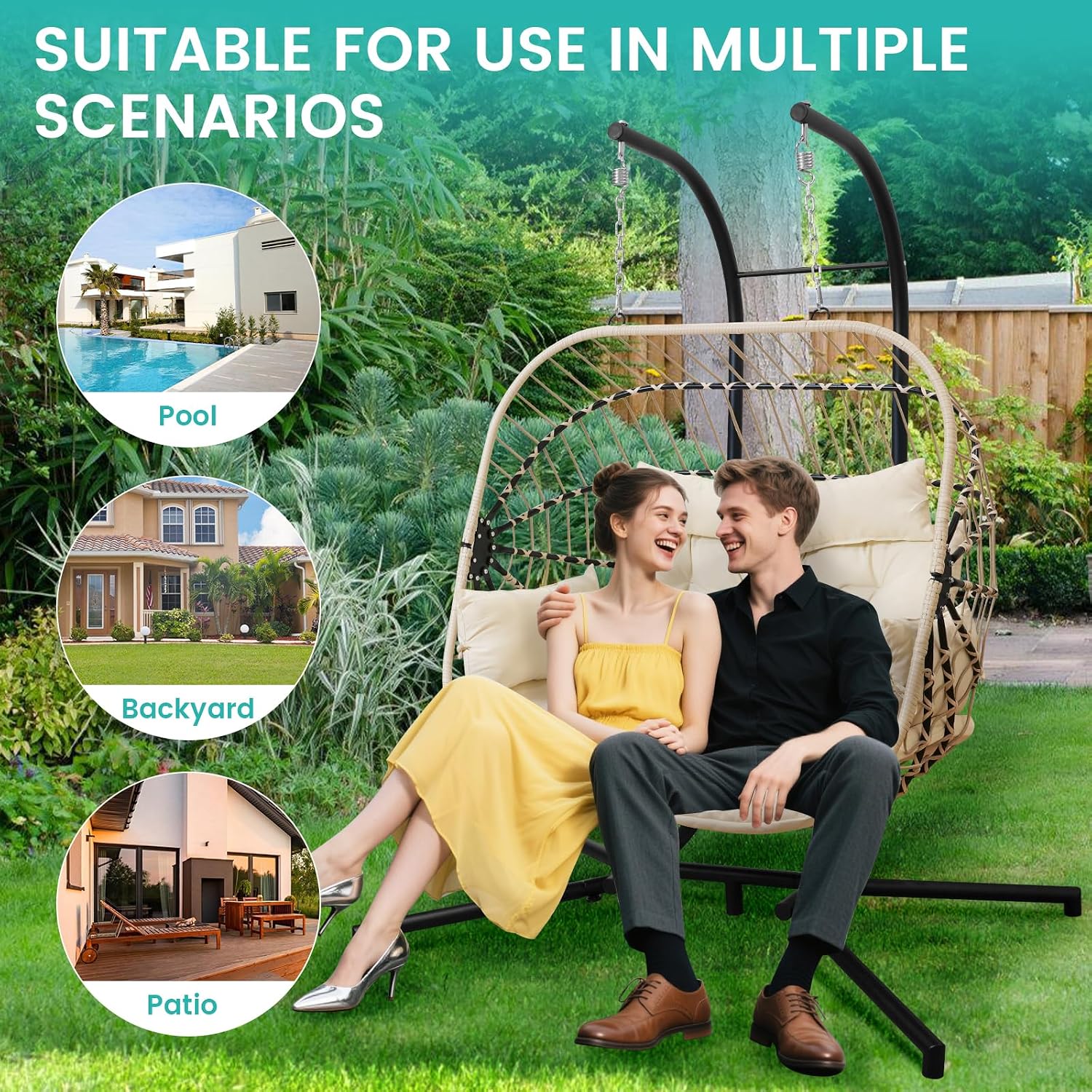 Double Egg Swing Chair with Stand Patio Rattan Wicker Hammock Chairs Outdoor Indoor Egg Swing Chair with Cushion Headrest 550 Lbs Capacity for Bedroom Balcony Garden Porch Backyard, Beige