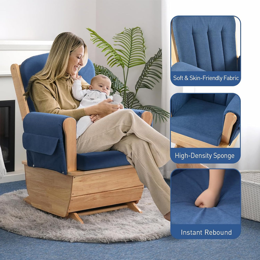 Wood Base Glider Rocker Chair, Baby Feeding and Rocking Chair Nursery Rocking Chairs with Silent Swing Solid Hardwood Base for Nursery, Living Room, Bedroom, Classroom(Blue)
