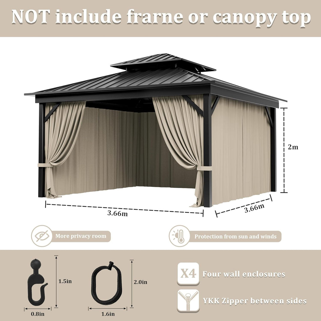 Outdoor Gazebo Curtain Replacement Universal 4-Panel Sidewalls 12' X 12',Outdoor Patio Waterproof Privacy Curtain with Double Zipper for Patio,Garden, and Backyard (Curtain Only)