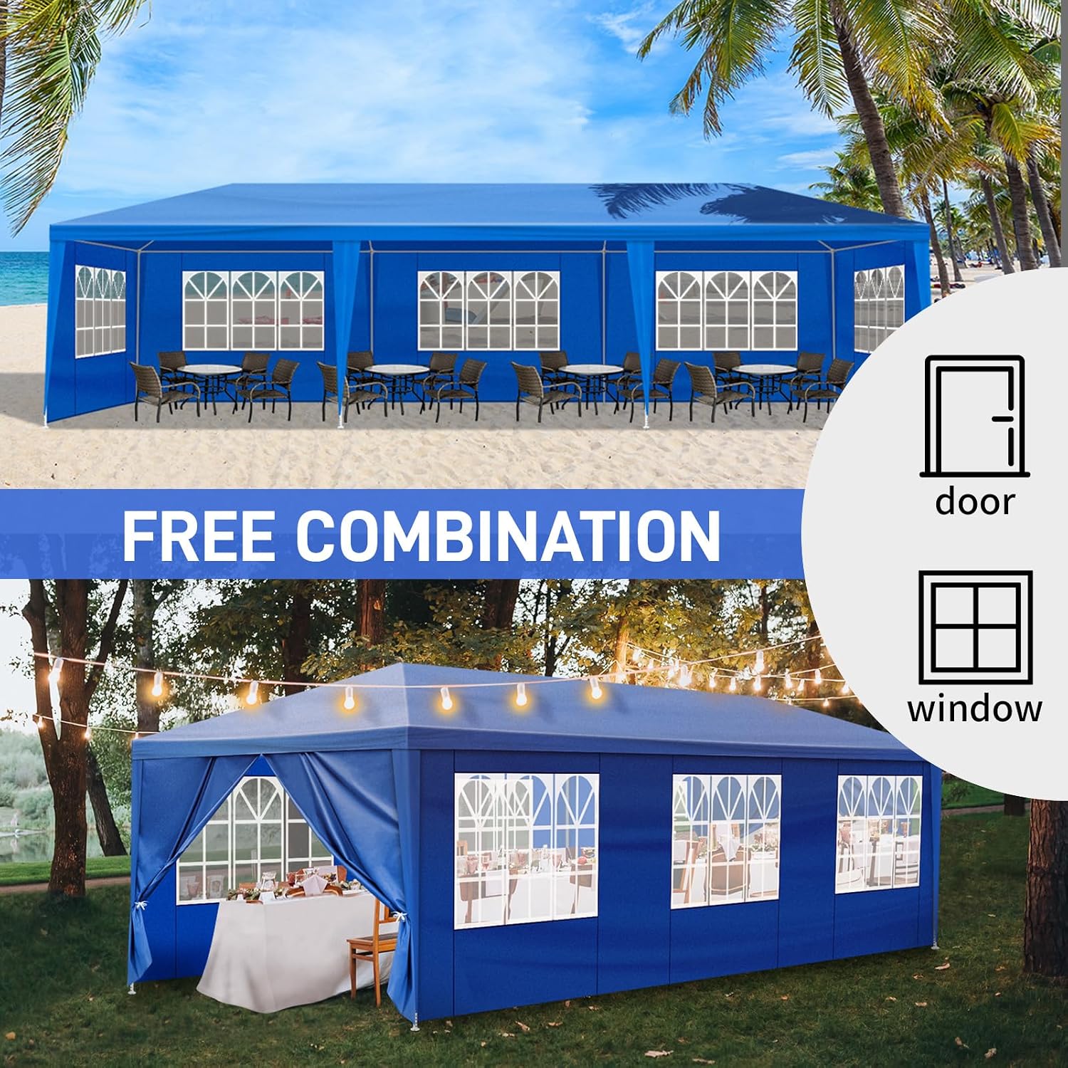 Party Tent for Outdoor Weddings, Birthdays, Events - Patio Gazebo Carport Canopy Shade With Removable Sidewalls & Transparent Window (10'x30'/8 Sidewalls Blue)