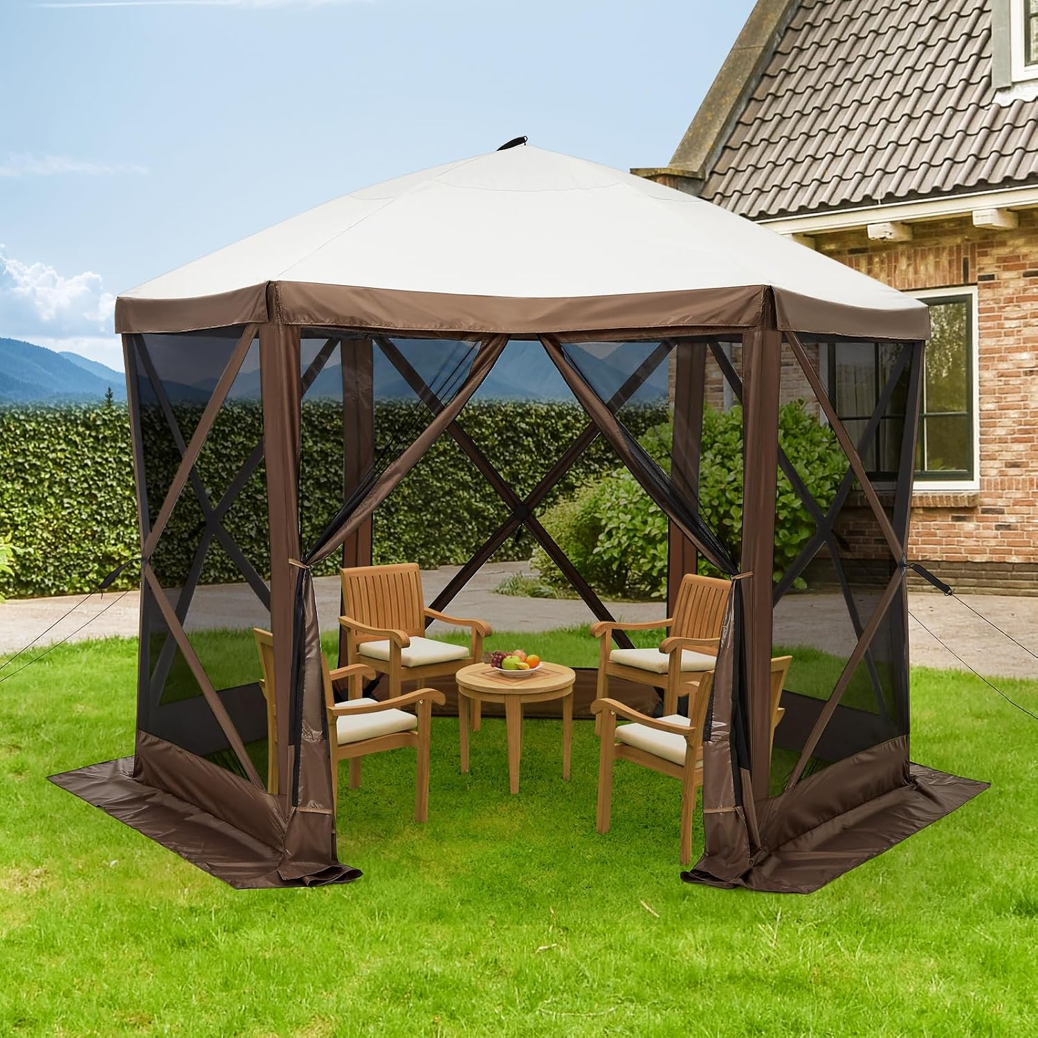Hipicute 10x10ft Pop Up Gazebo Screen Tent with Mosquito Netting, 6 Sided Pop-Up Canopy Shelter Tent with Carrying Bag and Ground Stakes for Outdoor Camping, Lawn and Backyard