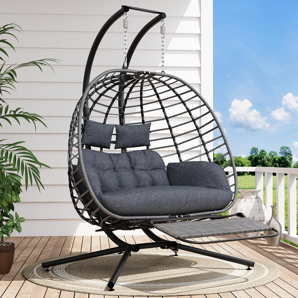 SWITTE Double Egg Swing Chair with Stand & Footrest, Outdoor Patio 2 Person Hanging Wicker Hammock Chairs with Cushion for Indoor Bedroom, Lawn, Garden-Heather Gray