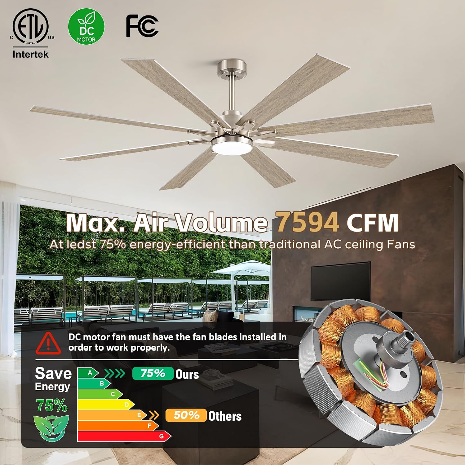 72Inch Indoor Outdoor Ceiling Fan with Light - Large Smart Ceiling Fan with Light Alexa Control, High CFM Modern Industrial Low Profile Ceiling Fans with Light for Patios Porch Bedroom Garage Gazebo