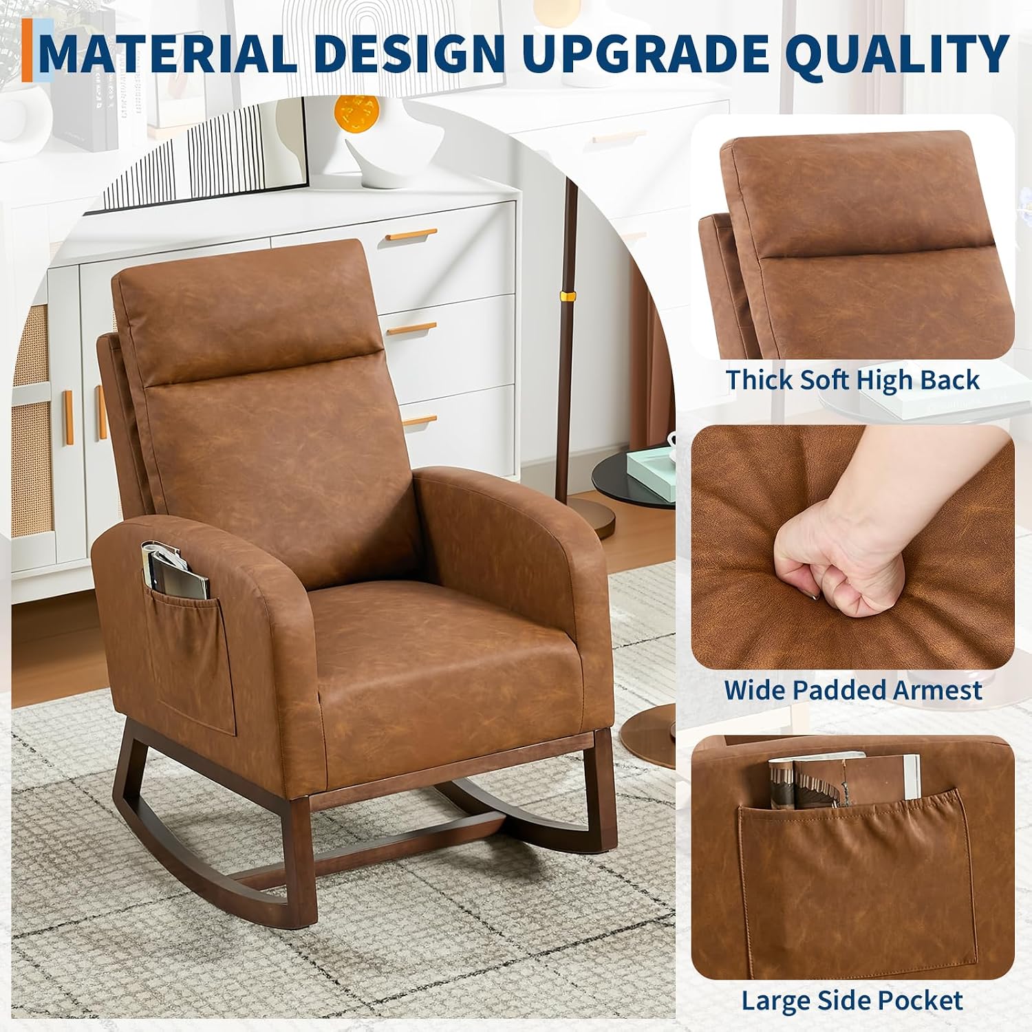 Glider Chair, Modern Rocking Chair, Nursery Faux Leather Glider Chair with Rubber Wood Legs and Side Pocket, Rocking Accent Armchair for Living Room