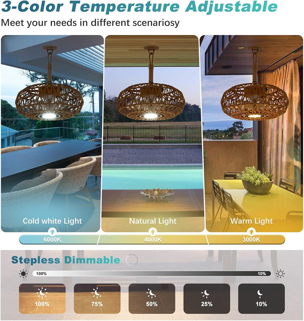 15'' Outdoor Gazebo Fan with Light, Outside/Indoor Hanging Rattan Ceiling Fan with Remote&APP Control, 3CCT Dimmable, 6-Speed DC Motor, Plug-in Wicker Woven Caged Ceiling Fans for Patio Pergola